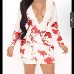 Fashion Nova Red and White Long Sleeve Dress